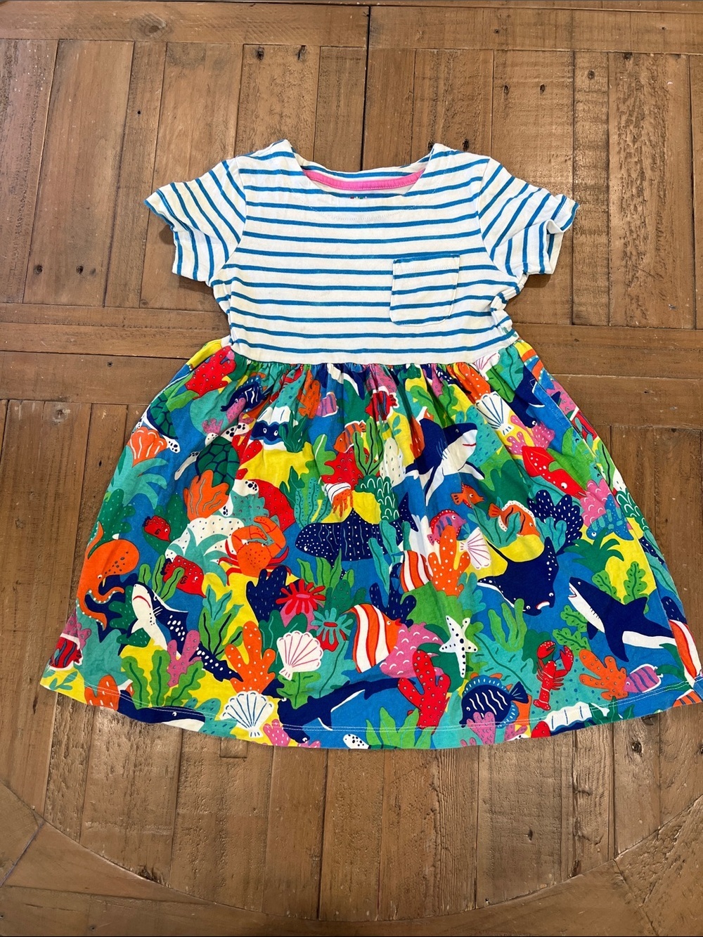 Mini Boden Colorful sea creature striped jersey cotton dress 6-7 years